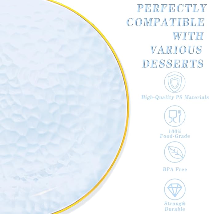 DaYammi 175PCS Clear Blue Gold Plastic Dinnerware Set for 25 Guests, Hammered Disposable Plates for Party, Include: 25 Dinner Plates, 25 Dessert Plates, 75 Gold Silverware, 25 Napkins, 25 Cups