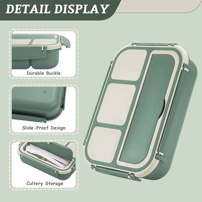 QQKO Bento Box Adult Lunch Box, Bento Box for Kids, 1200 ML Lunch Containers for Adults, Food Storage Container With 4 Compartments, Leak-Proof, Microwave, Dishwasher Safe, Green