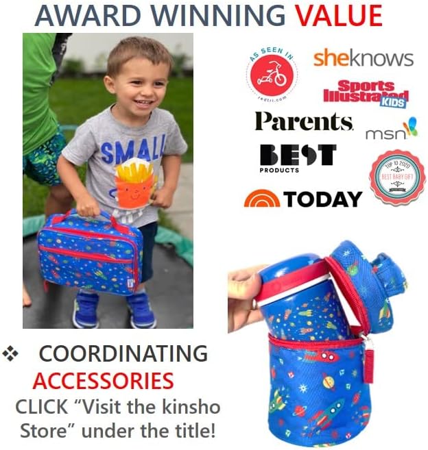 kinsho Kids Bento Lunch Box, Bottle, Ice Pack & Bag, Blue Red Space Rocket | 5 Leakproof Portion Compartments, BPA-Free Removable Tray, Insulated Meal, Snack Container for Toddlers, Pre-School & Daycare