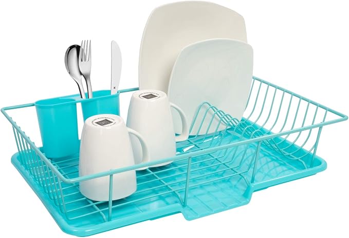 Sweet Home Collection Dish Rack Drainer 3 Piece Set with Drying Board and Utensil Holder, 5"D x 12"W x 17"H, Turquoise