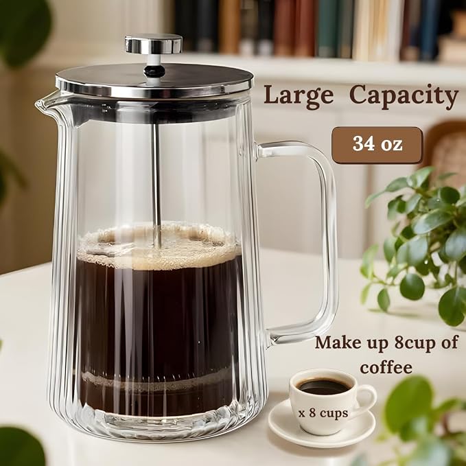 Glass French Press Coffee Maker, Heat Resistant Borosilicate Glass (34oz Ribbed)