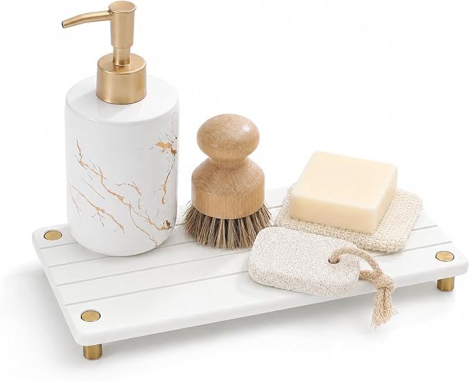 Instant Dry Sink Caddy Kitchen Sink Organizer, Quick Drying Stone Tray Diatomite Sponge Holder Soap Dish, Bathroom Countertop Fast Dry Water Absorbing Vanity Rack, Gold White, 12" x 5"