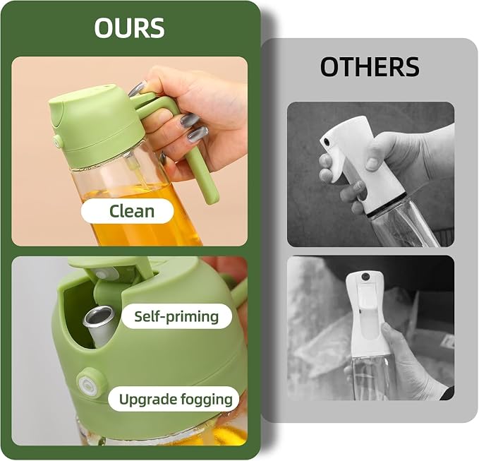 Aovdy Oil Sprayer for Cooking 16oz,2 in 1 Olive Oil Dispenser and Oil Sprayer - 470ml Olive Bottle Spray and Pour - Glass Oil Dispenser for Kitchen Cooking Salad BBQ (2PCS-White & Green)