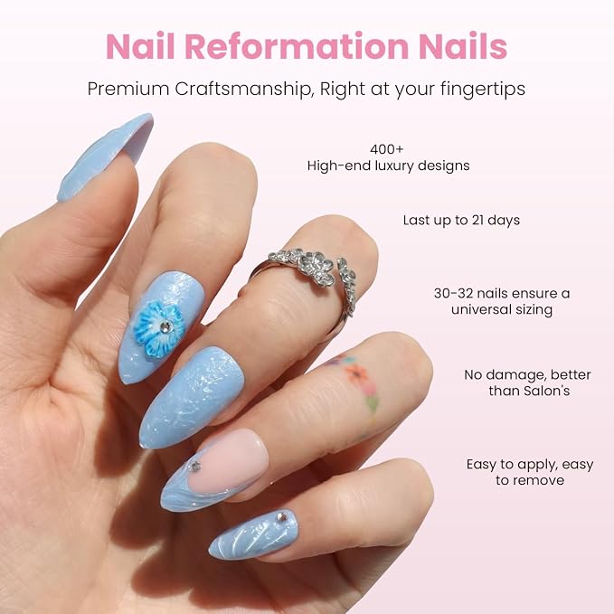 Nail Reformation Press On Nails, Blue Agate | Summer Medium Almond 30 Pcs | 15 Sizes Fake Nails with French Tip & 3D Flowers & Gems in Glossy Finish, Reusable Stick On Nail Kit, Gifts for Women