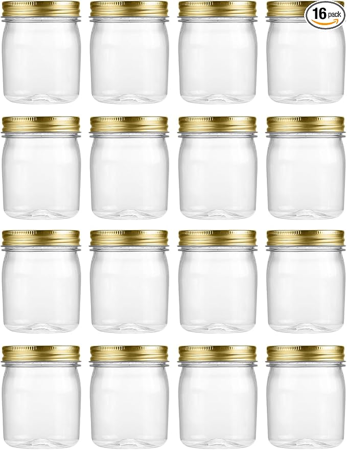 novelinks 8 oz Plastic Mason Jars and Clear Plastic Jars with Lids 8 oz | 16 Pack, Gold, Plastic Containers with Lids, Small Mason Jars, Clear Jars Bulk, Spice Jars, Slime Jars, Mini Jars