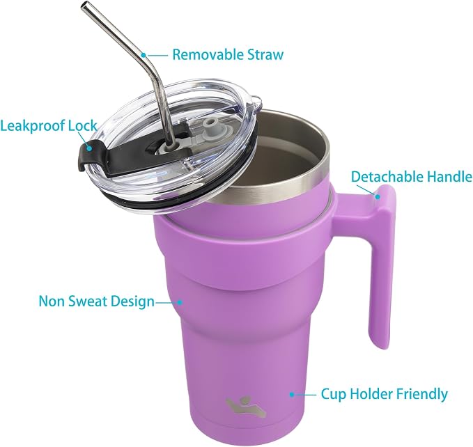 Konokyo 40 oz Tumbler with Handle and Straw, Insulated Travel Mug | Lavender; BPA-free, leak-proof tumbler with 2 lids, 2 straws, cup holder fit for coffee, office, travel & daily use