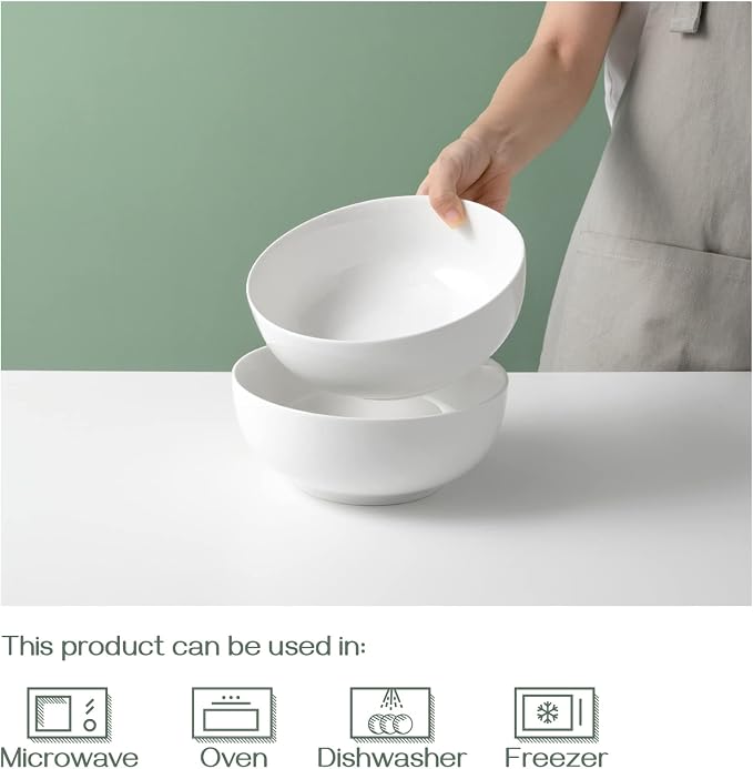 DOWAN Salad Bowls, Large Pho Bowls, 8" White Centerpiece Bowls for Nut, Pasta, Soup, Side Dishes, Ramen, Fruit, Kitchen Decor, Microwave & Dishwasher Safe, 57 Ounce