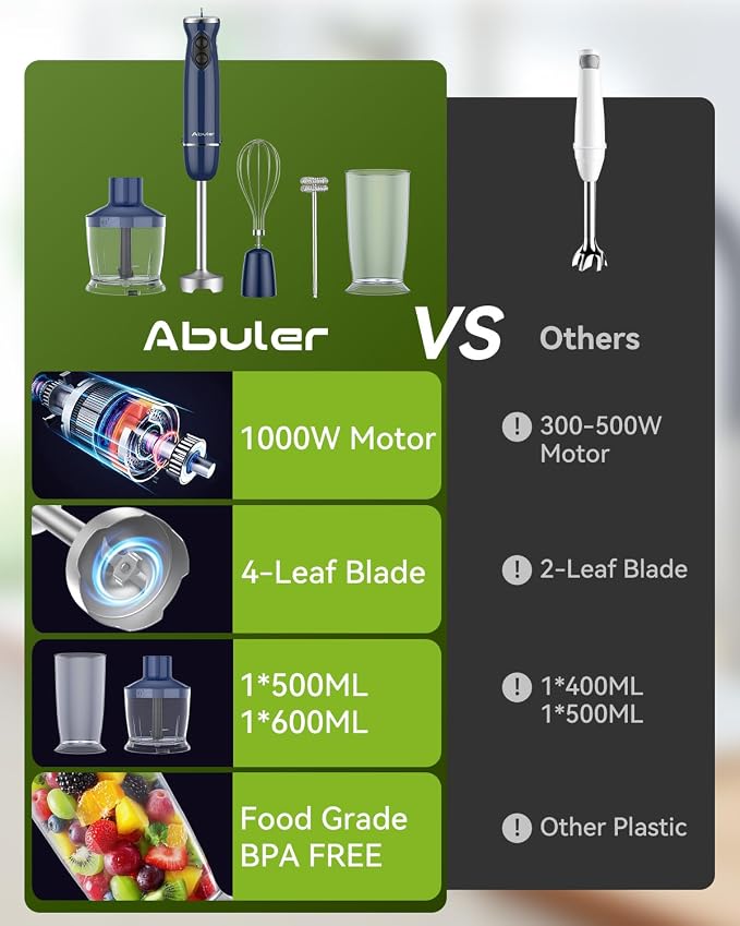 1000W 5 in 1 Immersion Blender Handheld BPA-Free 12 Speed Hand Mixer Stick | 304 Stainless Hand Blender, Mixing Beaker, Chopper, Whisk, Milk Frother, Soup, Smoothies, Baby Food, Sauce