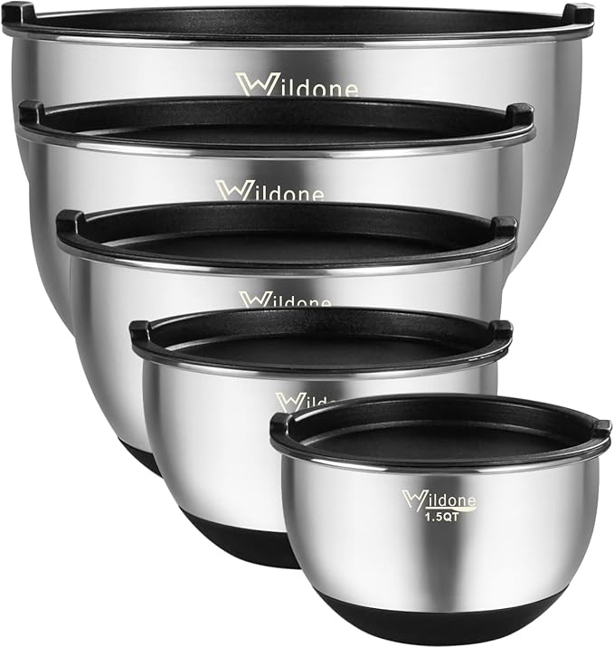 Wildone Mixing Bowls with Lids Set, Stainless Steel Mixing Bowls Set of 5 | Large Prep Metal Bowl Set with Non-slip Bottoms, Size 8, 5, 3, 2, 1.5 QT, Airtight Lids, Thicker Stainless Steel