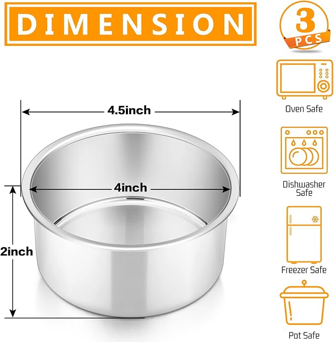 P&P CHEF 4 Inch Round Cake Pan Set of 3, Stainless Steel Baking Cake Pans | Round Baking Cake Pan Bakeware for Layer Birthday Cake, Fit Oven/Pots/Pressure Cooker, Leakproof & Dishwasher Safe, Silver