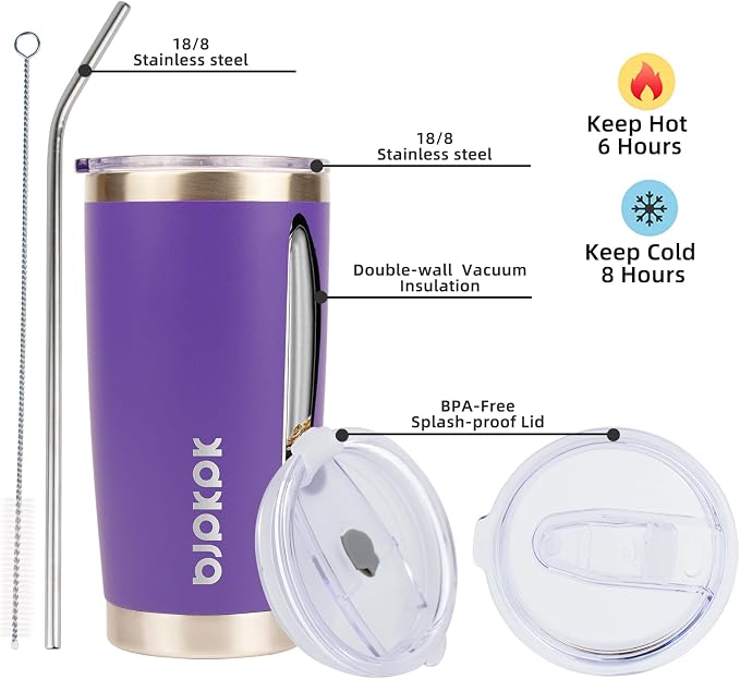 BJPKPK 20 oz Coffee Tumbler with Lid, Straw, Insulated Stainless Steel Mug | Double Wall Vacuum, Keeps Hot/Cold, BPA Free, Leak Proof, Iced Coffee Cup Fit Car Holder, Travel & Beach Ready, Purple