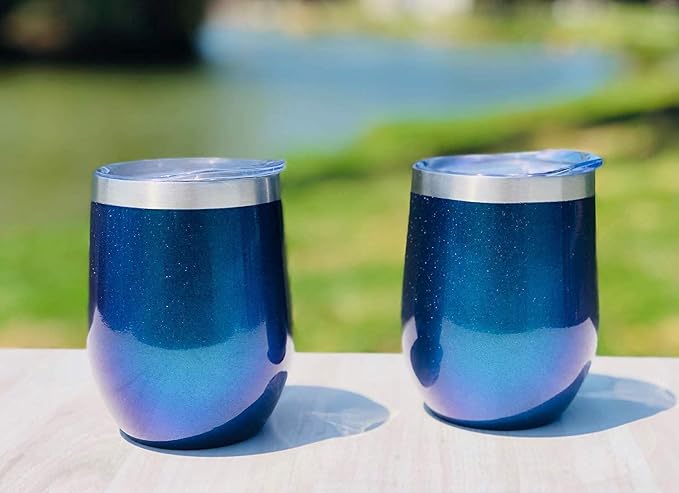 CHILLOUT LIFE 12 oz Stainless Steel Wine Tumblers 4 Pack - Double Wall Vacuum Insulated Wine Glasses Cups with Lids and Straws Set Keeping Cold & Hot for Coffee, Beer, Ice Cream - Blue Sparkle