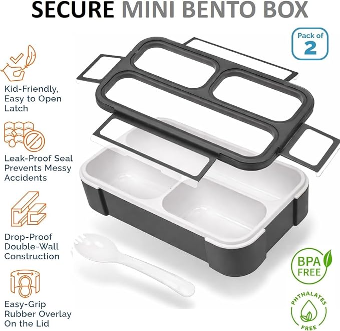 kinsho Small Snack Box Container for Kids Toddlers, Set of 2 (Black + Gray) | 3 Compartments, Leak-Proof, Spill Proof, BPA-Free Reusable Small Mini Bento Lunch Box for Daycare School Travel, Holds 2 Cups