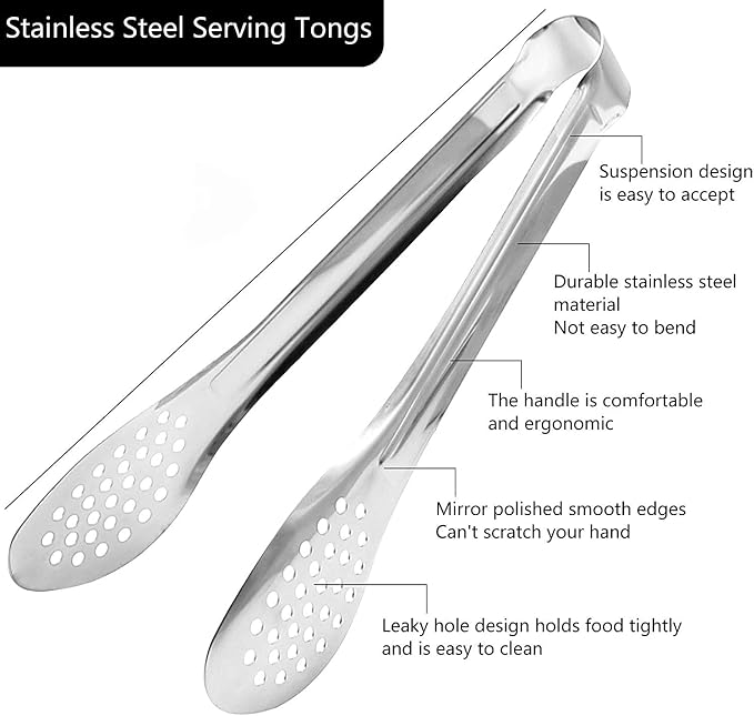 6 Pack Serving Tongs for Buffet Stainless Steel Serving Utensils 7,9,12Inch | Silver stainless steel; 7, 9 and 12 in sizes; open non-locking design for buffets, parties, catering and table service