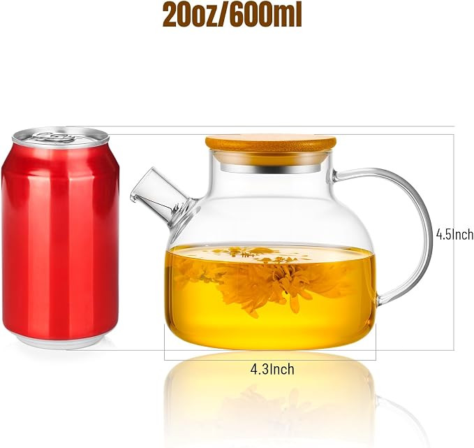 PARACITY Glass Teapot Stovetop 20 OZ/600ml, Borosilicate Clear Tea Kettle with Bamboo Lid, Glass Tea pot with Removable Filter Spout, Teapot Blooming and Loose Leaf Tea Maker Tea Brewer for Camping | 18/8 stainless steel tea infuser/strainer; borosilic...