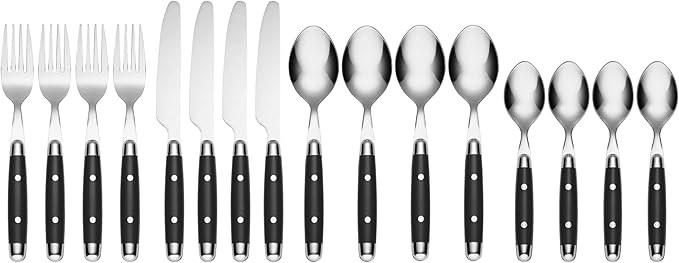Cambridge Jubilee Black 16-Piece 18/0 Silverware Set for 4, Flatware | mirror finish, dishwasher safe | includes knives, forks, and spoons | heavy duty, cutlery set for kitchen and dining