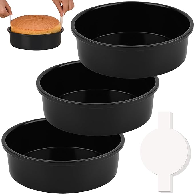 HUAKENER 8 Inch Cake Pan, 3Pcs Round Cake Pan with Parchment Paper | Carbon Steel Cake Baking Pans with 70 Pieces Parchment Paper, Non-stick Cake Baking Pans, Dishwasher Safe