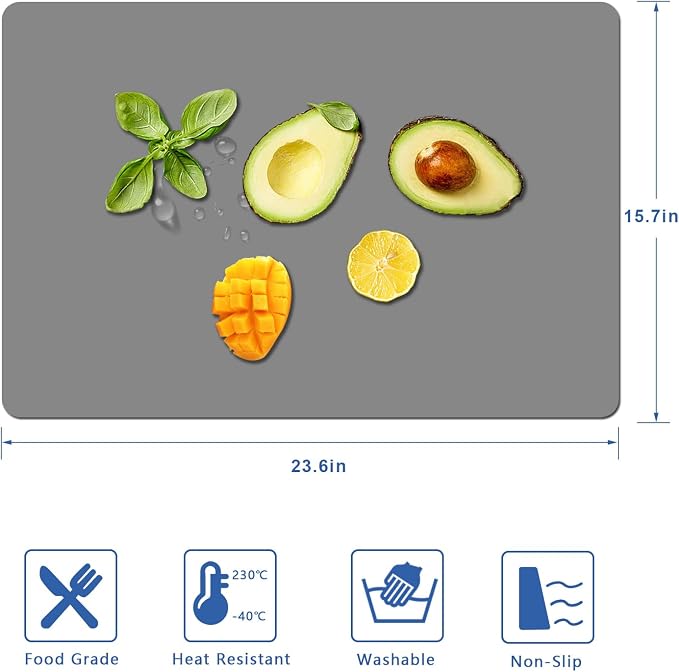 Silicone Placemats, Food-Grade Non-Slip Waterproof, Dining, Stain Resistant, Countertop Protector, Kitchen Counter Mat, Heat Resistant, Baking mat Dishwasher Safe (Gray, 1)