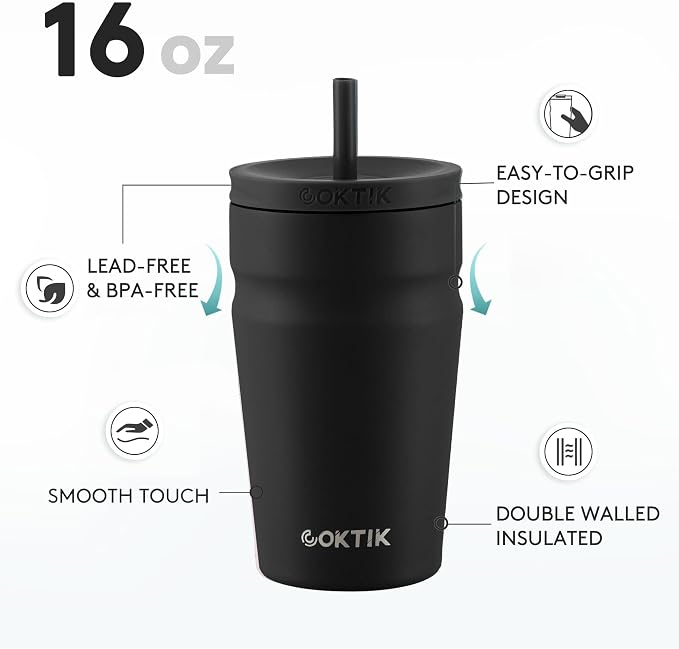 COKTIK 16oz Insulated Tumbler with Lid and Straw Iced Coffee Cup Reusable Stainless Steel Travel Mug Water Bottle Cupholder Friendly for Women Men Her Him (Black)