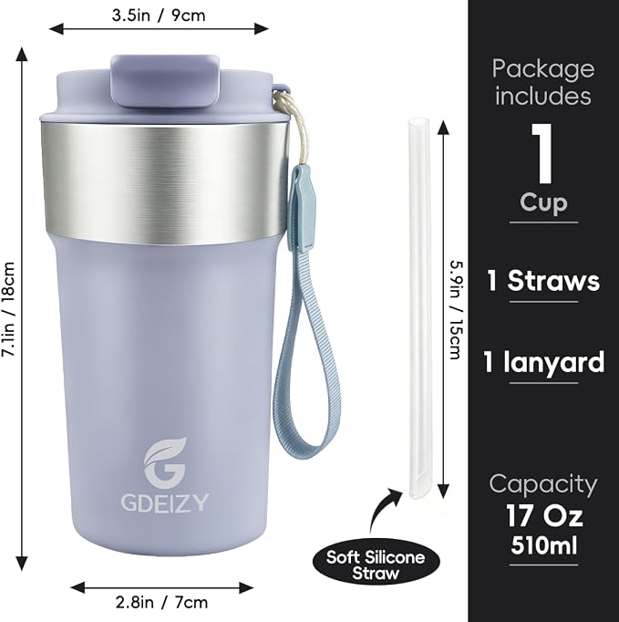 Insulated Travel Coffee Mug, 17oz Stainless Steel Leakproof Flip Straw Cup | Double Wall Vacuum Insulated, BPA-Free Material, Reusable Tumbler for Hot & Cold Drinks, Classic Black, Fits Car Cup Holders