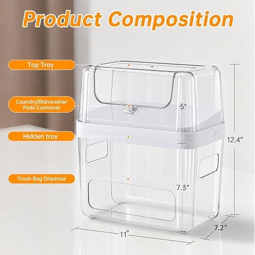 Trash Bag and Laundry pods Dispenser, 3-in-1 Clear Under Sink Organizer, Dishwasher Pod Storage Container, Stackable Kitchen Cabinet Storage Box Fits 13/30/33 Gallon Garbage Bags