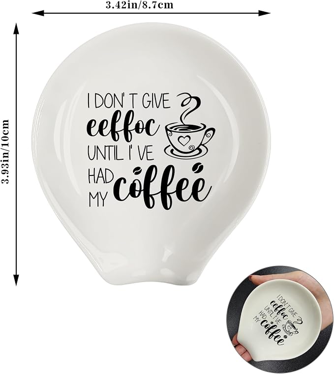 Coffee Spoon Rest, Coffee Bar Accessories & Spoon Holder, I DON'T GIVE EEFFOC UNTIL I 'VE HAD MY COFFEE Ceramic Spoon Holder for Coffee Lovers Gifts for Friend Wife Husband Sister (White-1)