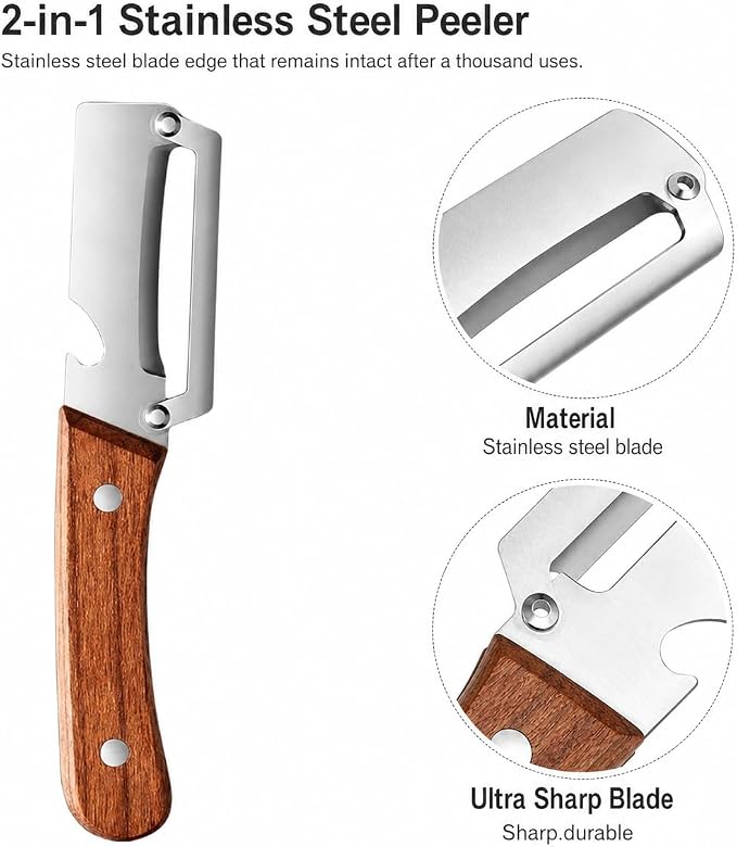 Multifunctional Stainless Steel Vegetable Veggie Peeler For Kitchen | Durable Wooden Handle Vegetable Peeler Suitable For Food Such As Potatoes, Carrots, Cucumbers, Peaches, Zucchini, And Cabbage