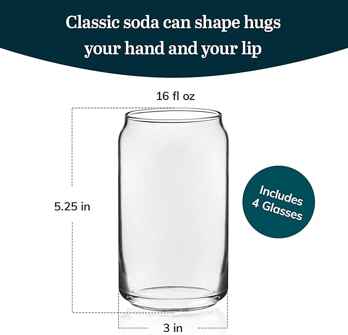 Libbey Classic Can Shaped Drinking Glasses Set of 4, Clear Kitchen Glass Tumbler, 16 Oz, Dishwasher Safe Glass Cups Set for Beverages and Cocktails