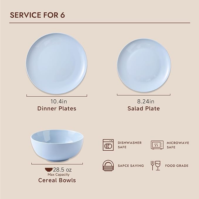 18-Piece Bone China Dinnerware Set for 6, Misty Blue | Lightweight Porcelain | Round Plates & Bowls | Scratch Resistant | Durable Ceramic | Microwave & Dishwasher Safe