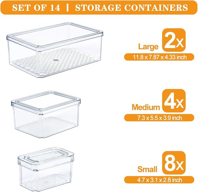 14Pack Fridge Organizer, Stackable Refrigerator Organizer Bins with Lids | BPA-Free Clear Plastic Storage Containers For Kitchen Cabinets, Fridge, Drinks, Fruits, Vegetables, Cereals, Counter Storage