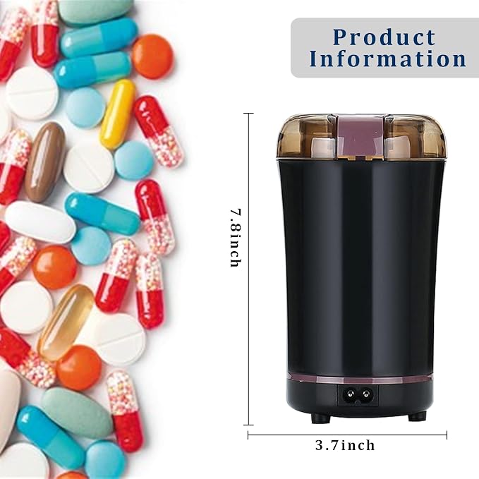 Multifunctional Electric Pill Crusher Grinder- Grind The Medicine and Vitamin or Coffee Beans Tablets of Different Sizes into Fine Powder-Grinder for Feeding Tubes, Children or Pets (Black)