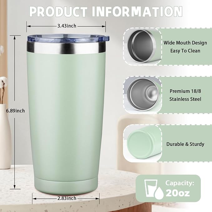 20 oz Tumbler with Lids and Straws, Stainless Steel Insulated Coffee Tumbler, Double Wall Vacuum Insulated Travel Mug Cup, Leakproof Thermal Coffee Cup for Hot and Cold Drinks (green tea)