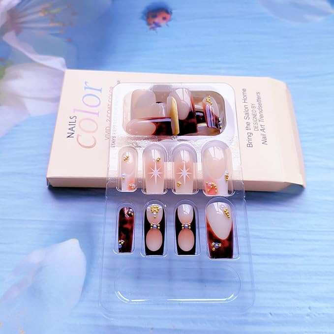 WLGDLH Brown French Tip Press on Nails Medium Square Fake Nails Press ons Nail Tips Kit with Flower Leopard Print Design Nude Glossy False Nails Full Cover 3D Gold Beads Glue on Nail for Women 24Pcs