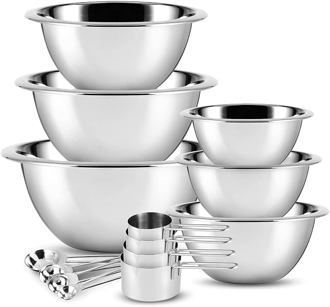 EATEX Stainless Steel Mixing Bowls with Measuring Cups & Spoons Set of 14 - Dishwasher Safe Nesting Mixing Bowl Set for Cooking, Baking & Meal Prep Non-Slip Premium Bowls