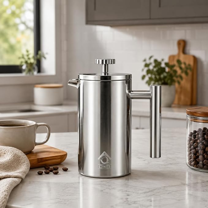 QNA French Press Coffee Maker, 34oz(1000ml)304 Stainless Steel, Double Wall | Includes a coffee canister and extra filter for upgraded 4-layer filtration, delivering smoother coffee with fewer grounds.