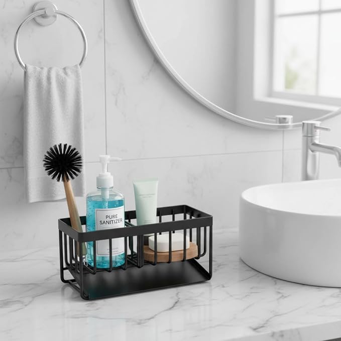 18/8 Stainless Steel Sink Caddy Sponge Holder for Kitchen | Self Drain Tray, Soap holder with Divider (Black)