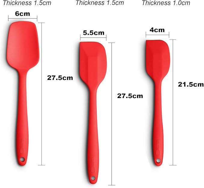 3-Piece Silicone Spatula Set, 600°F Heat Resistant, Red | Stainless Steel Core, Silicone Rubber Spatulas for Nonstick Pans, Spatula, Spoonula and Mini Spatula for Cooking and Baking