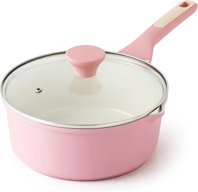 SENSARTE Ceramic Nonstick Saucepan with Double Pouring Spout, 3QT, Pink | Cooking Pot with Stay Cool Handle, Induction Compatible, Ceramic Coating, PFOA/PFAS/PTFE Free