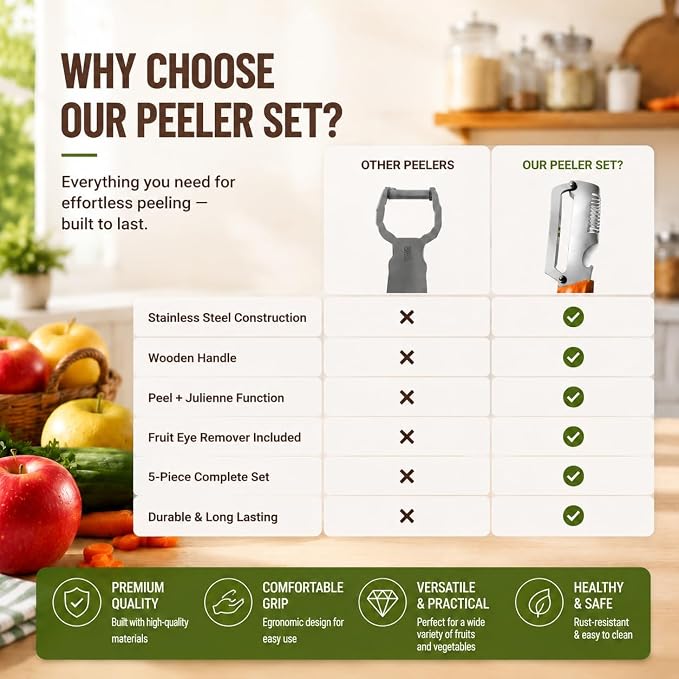 Vegetable Peeler Set Multi-Function Potato & Fruit Peeler Tool-3pcs | Stainless Steel Vegetable Peeler for Potatoes, Carrots, Apples and Cabbage Elite Peeler and Shredder for Easy Kitchen Prep