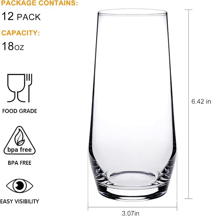 18 oz Crystal Drinking Glasses,Highball Glasses Set of 12 | Water Glasses,Mojito Glass Cups,Sutiable for Glasses for Wine,Cocktails,Office,Parties,Weddings and Gifts