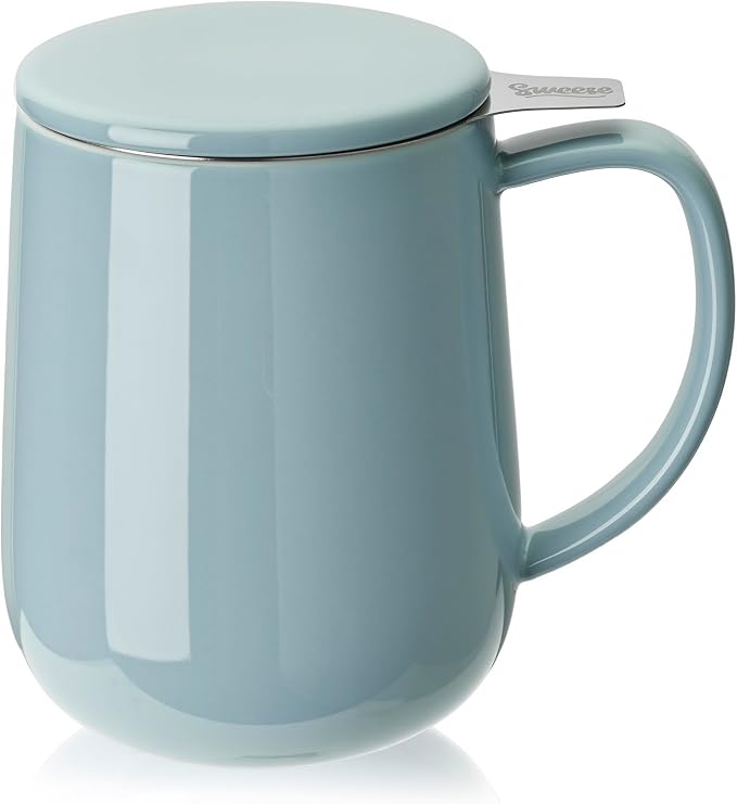 Sweese 20 OZ Porcelain Tea Mug with Infuser and Lid, Bluish Grey Tea Cup