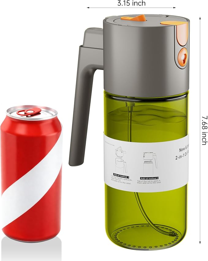 Olive Oil Sprayer & Dispenser Bottle for Cooking 17oz Dark Glass Oil Mister | 2-in-1 Sprayer & Pourer, Leakproof, Fine mist, Light-Blocking, Wide Mouth for Easy Refill & Clean, 8 Oil Labels, Reusable