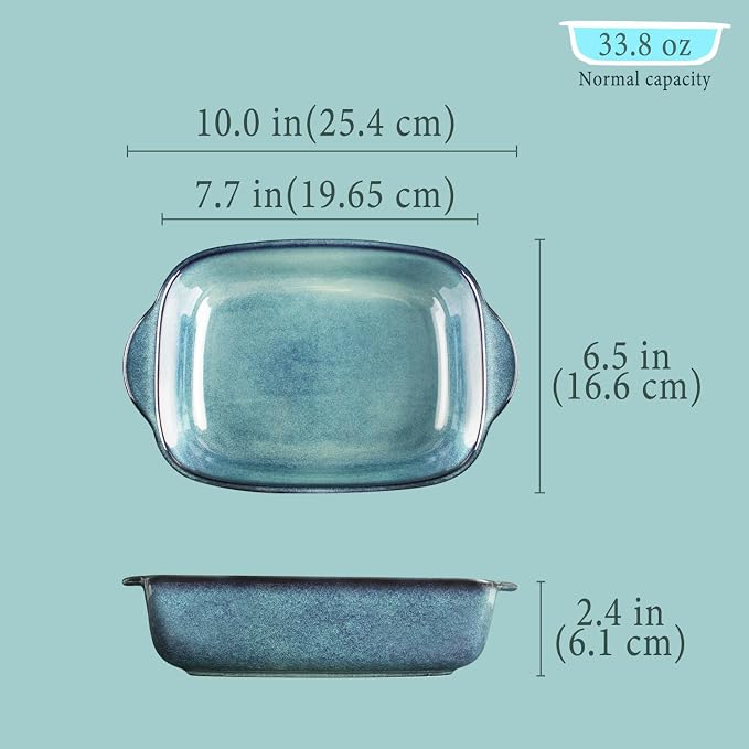 10.0 x 6.5-inch baking pan, 33.8 ounces, rectangular baking pan, ceramic baking pan, cake pan with handle, suitable for lasagna, roasting vegetables/meats, kitchen, dining room, hazy green.