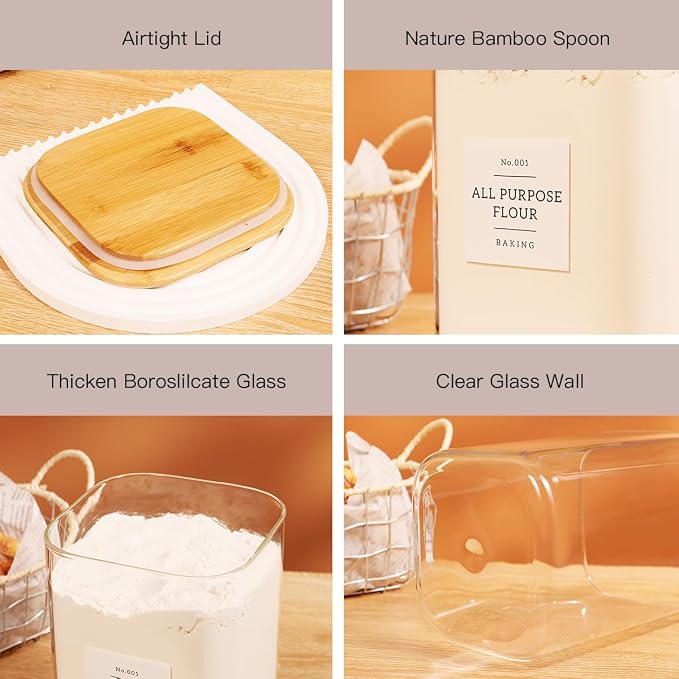 2 Pack large Square Glass Flour and Sugar Containers with 132 Kitchen Pantry Labels - 110 floz & 51 floz - Glass Jars with Airtight Bamboo Lid - Glass Rice Canisters for Coffee, Pasta, Cookie, Cereal