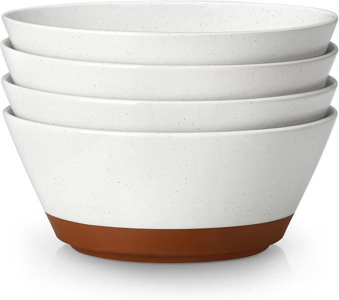 MALACASA Salad Bowls Set of 4, Soup Bowls for Kitchen, 60oz Ceramic Bowl | Large Deep Bowls for Ramen, Cereal, Fruit, Pho and Pasta, Microwave & Dishwasher Safe, Speckled, White & Brown, Series TARA