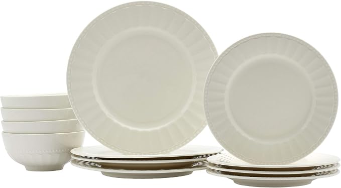 Tabletops Gallery Embossed Bone White Porcelain Round Dinnerware Collection- Chip Resistant Scratch Resistant, Mosaico 12 Piece Dinnerware Set (Dinner Plate, Salad Plate, Cereal Bowl)