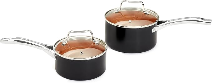 Amazon Basics Ceramic Nonstick Cookware Set, Induction Ready, Dishwasher & Oven Safe, Even Heating, 10-Piece Set with Frying Pans, Saucepans, Glass Lids, Copper Color