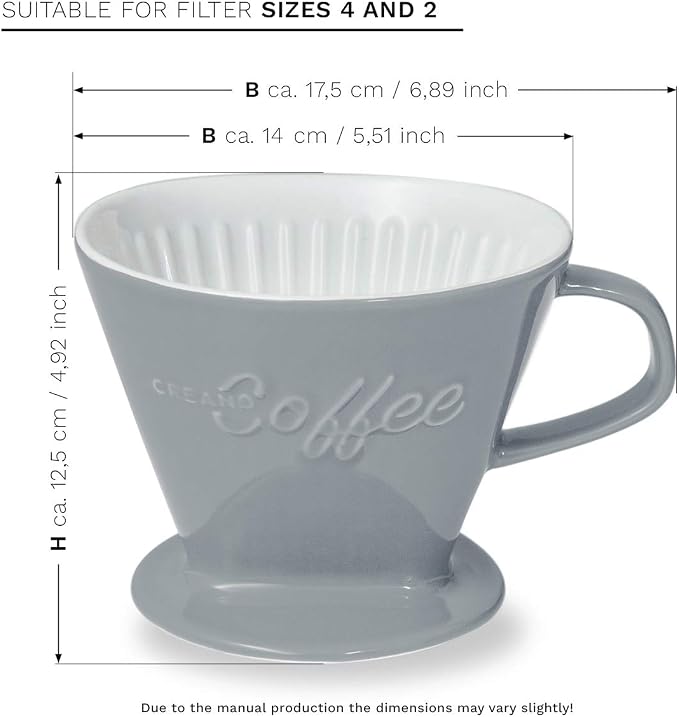Creano XXL Porcelain Coffee Dripper Stone Grey - Ceramic Cone Brewer - Pour Over Coffee Maker - Filter Size 4 - huge and heavy quality 800gr/28oz - 6 Colours availeble