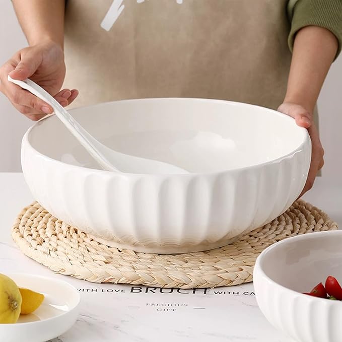 4 Quarts 2 Pcs Extra Large White Serving Bowls with Free Spoons, 12 inch Oversized Big Salad Bowls For Entertaining, Eating, Ceramic Serving Dishes, Pumpkin Serving Bowl Set For Fruit Soup Pasta