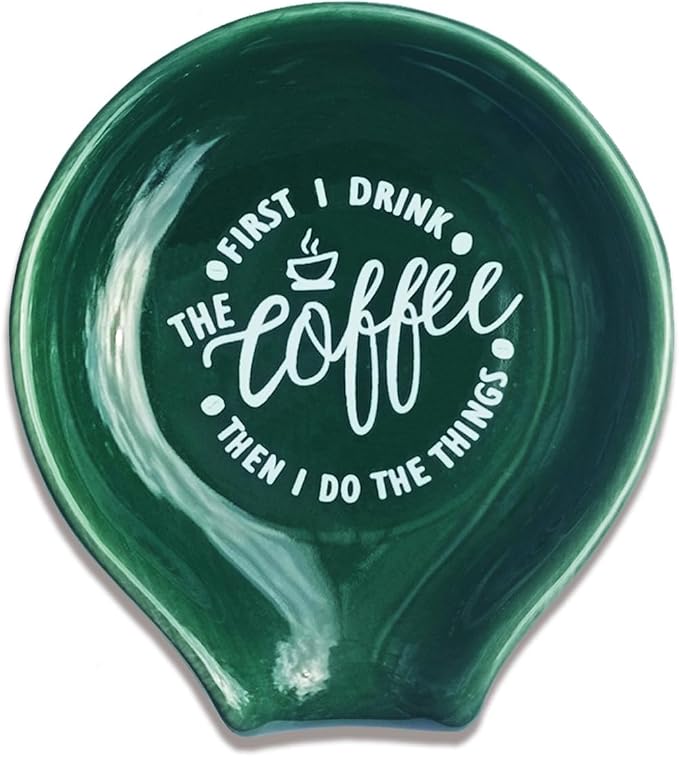 Littlefa Coffee Spoon Rest Holder-Coffee Bar Accessories-Blackish Green | Funny Ceramic Coffee Spoon Rest for Coffee Bar Accessories Essentials, Coffee Lovers Gifts, But First I Drink Sign
